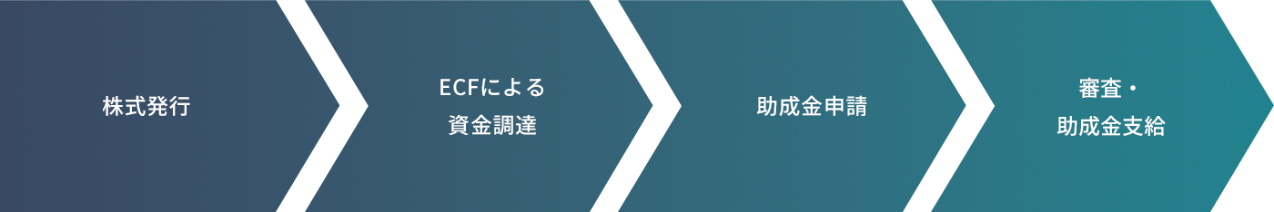 株式発行 → ECFによる資金調達 → 助成金申請 → 審査・助成金支給